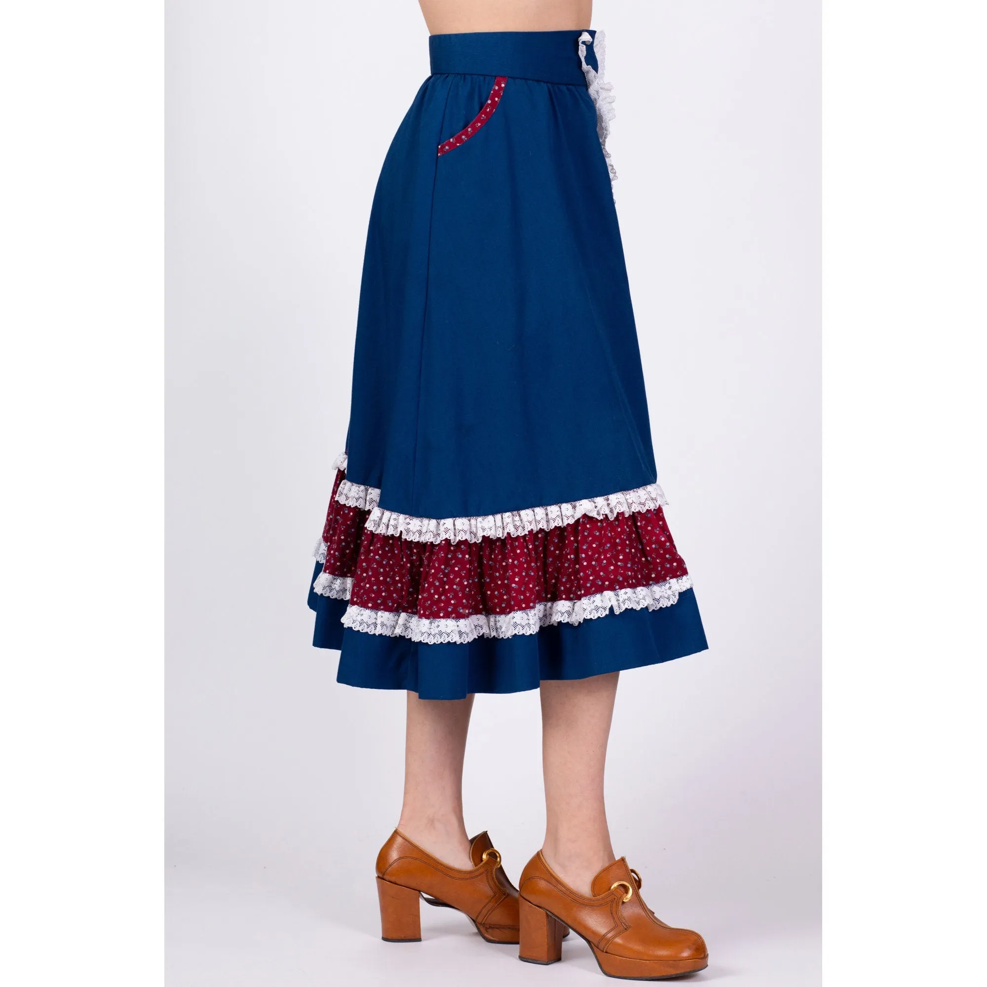 70s Navy Blue Midi Prairie Skirt - Medium, 29"