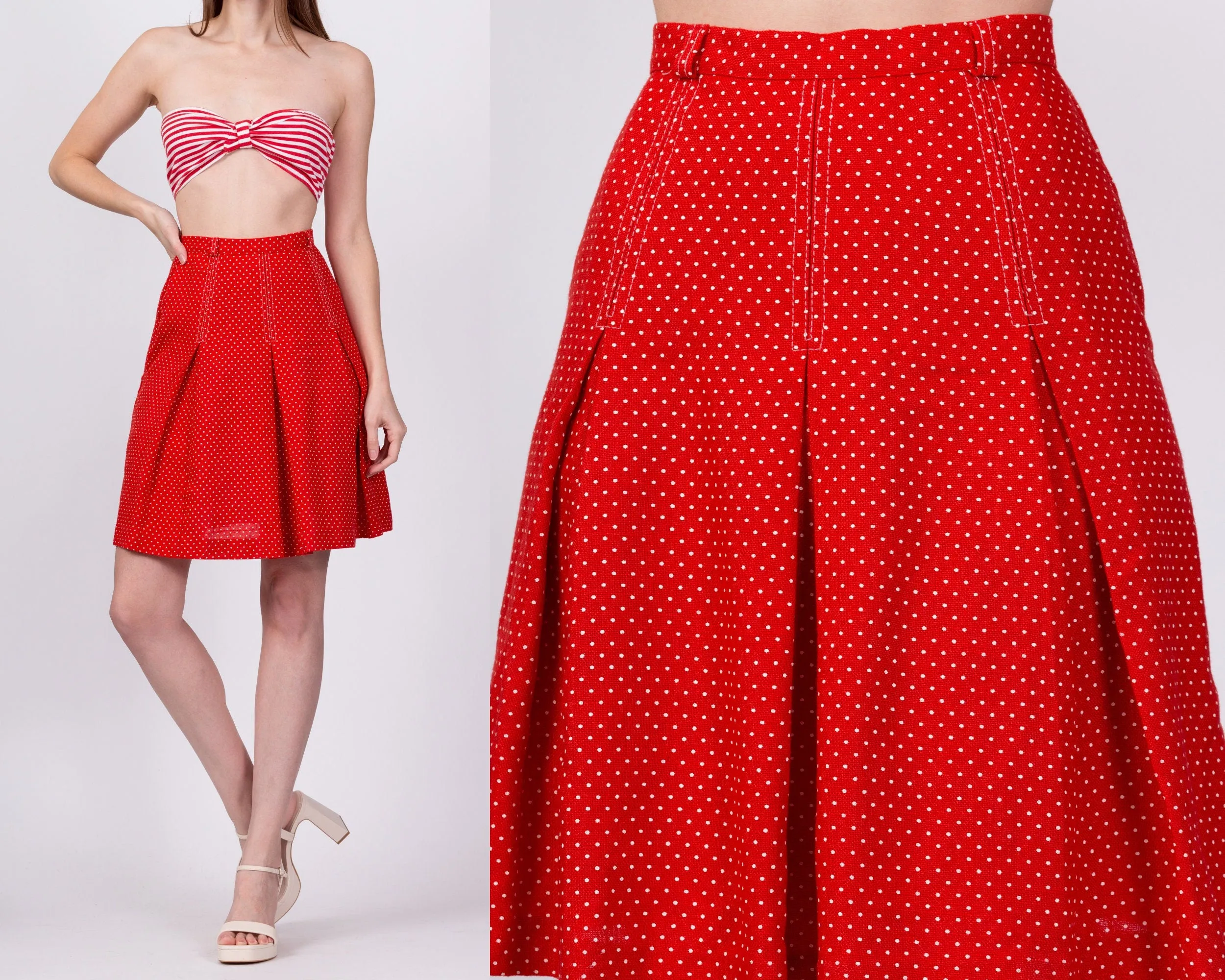 70s Red & White Polka Dot Skirt - Extra Small, 23.5"