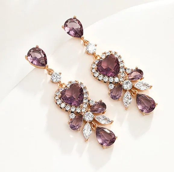 American retro grape purple heart-shaped tassel earrings girl's heart light luxury palace style earrings