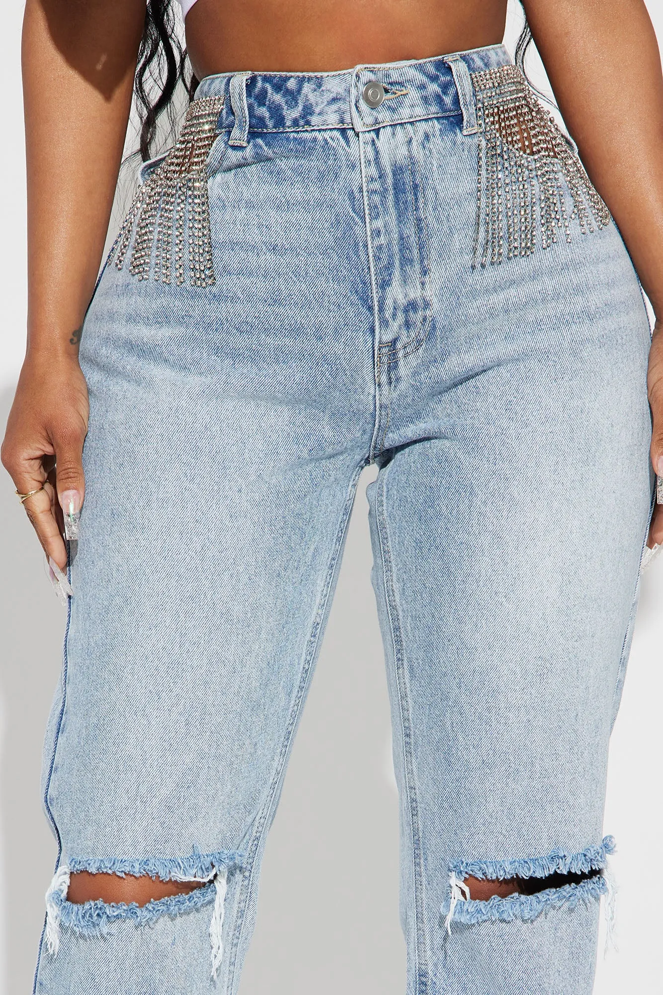 Amore Embellished Non Stretch Straight Leg Jeans - Light Blue Wash