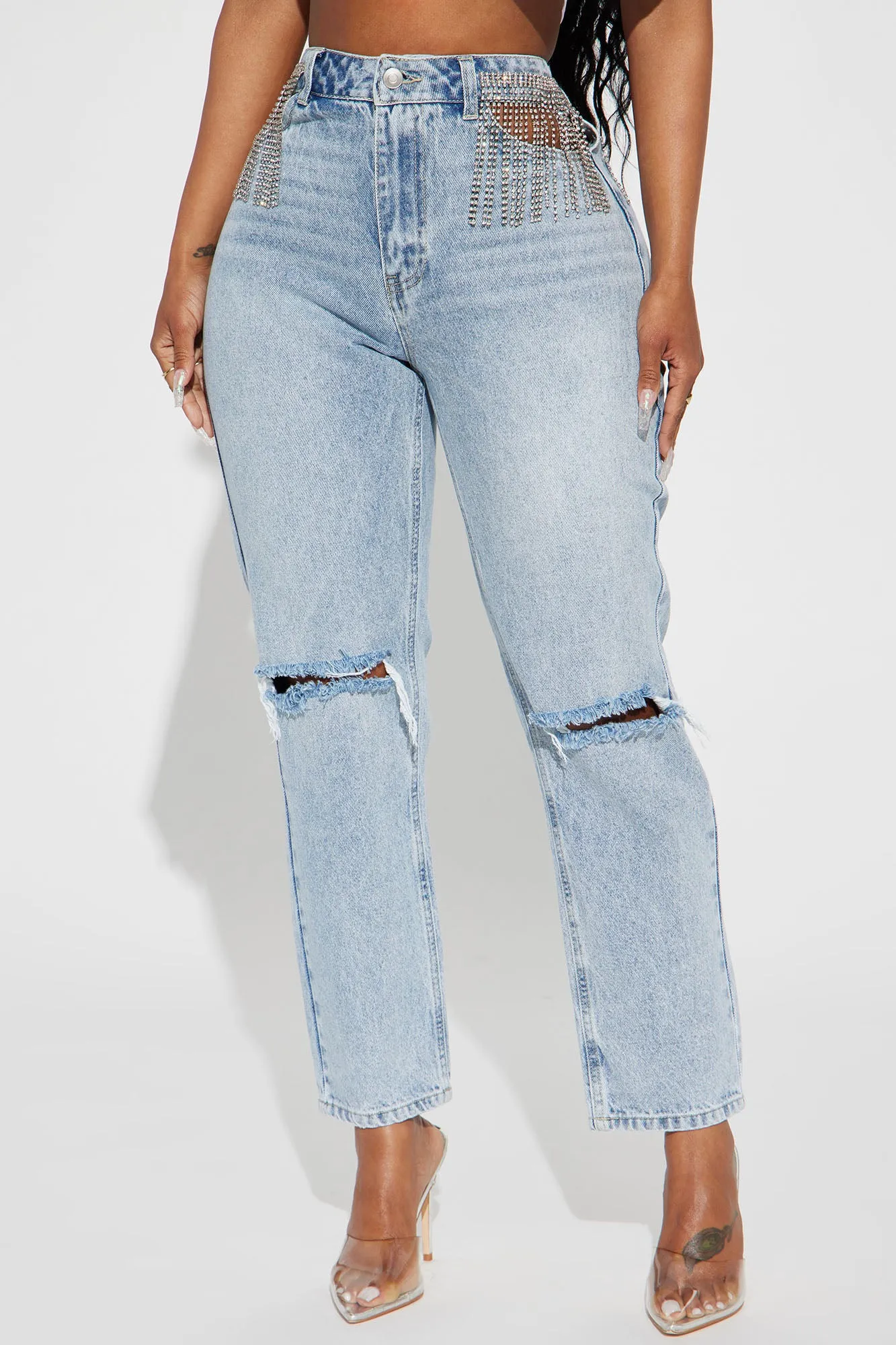 Amore Embellished Non Stretch Straight Leg Jeans - Light Blue Wash