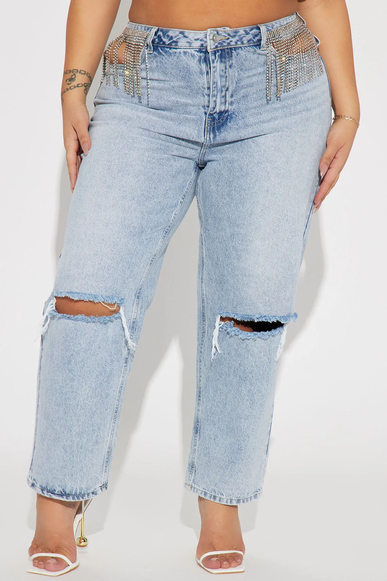 Amore Embellished Non Stretch Straight Leg Jeans - Light Blue Wash