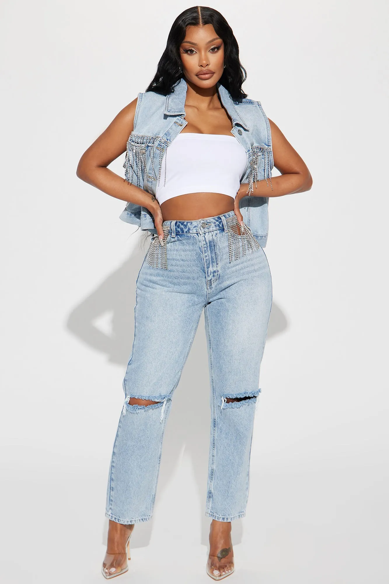 Amore Embellished Non Stretch Straight Leg Jeans - Light Blue Wash