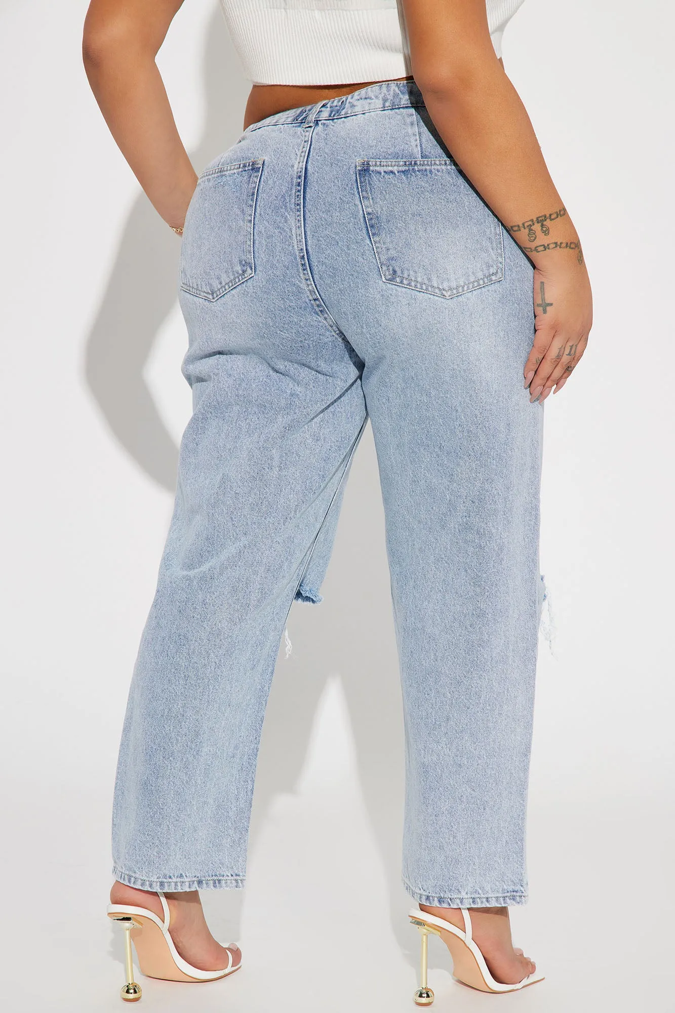 Amore Embellished Non Stretch Straight Leg Jeans - Light Blue Wash