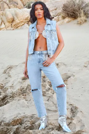 Amore Embellished Non Stretch Straight Leg Jeans - Light Blue Wash