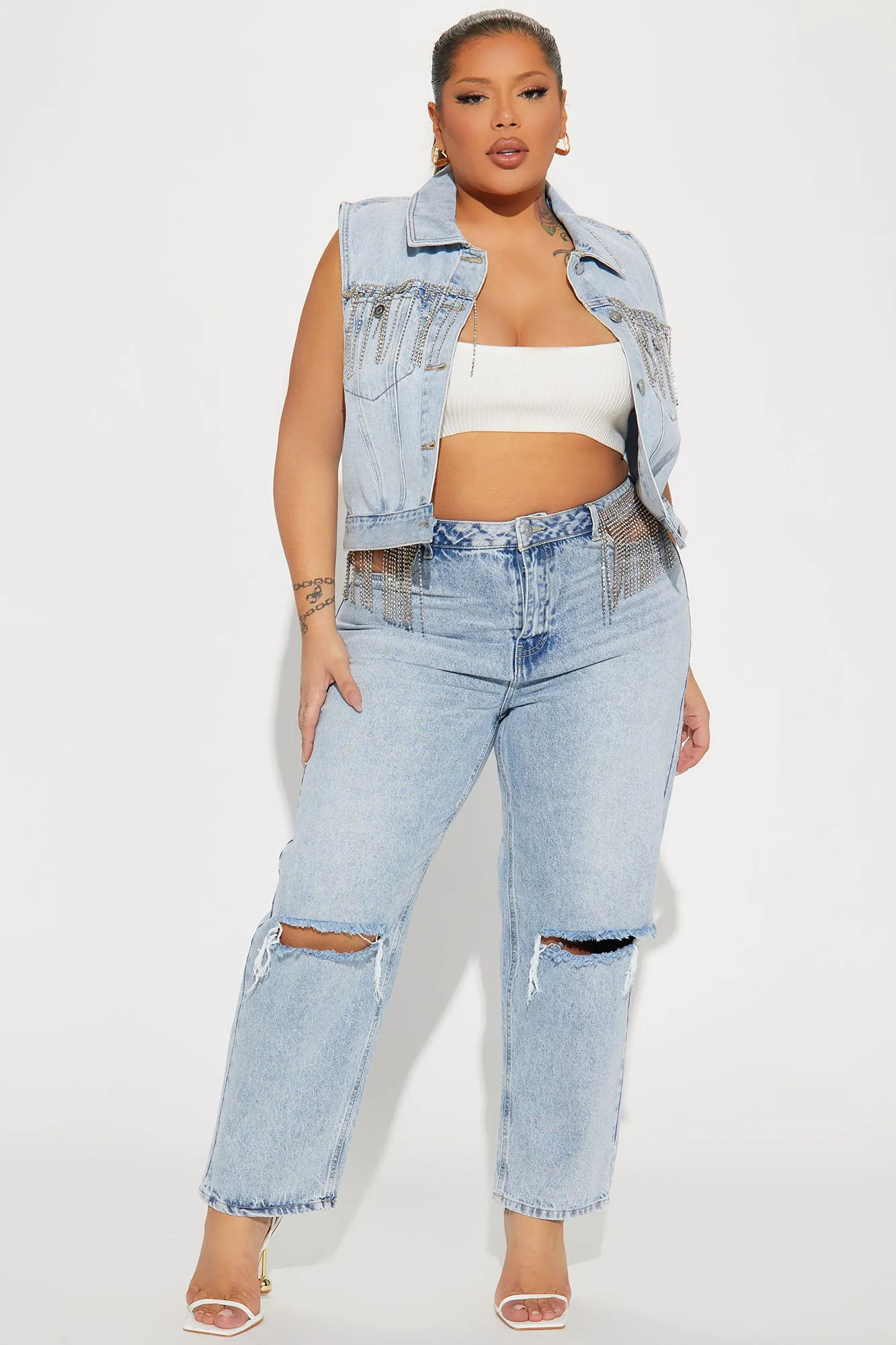 Amore Embellished Non Stretch Straight Leg Jeans - Light Blue Wash