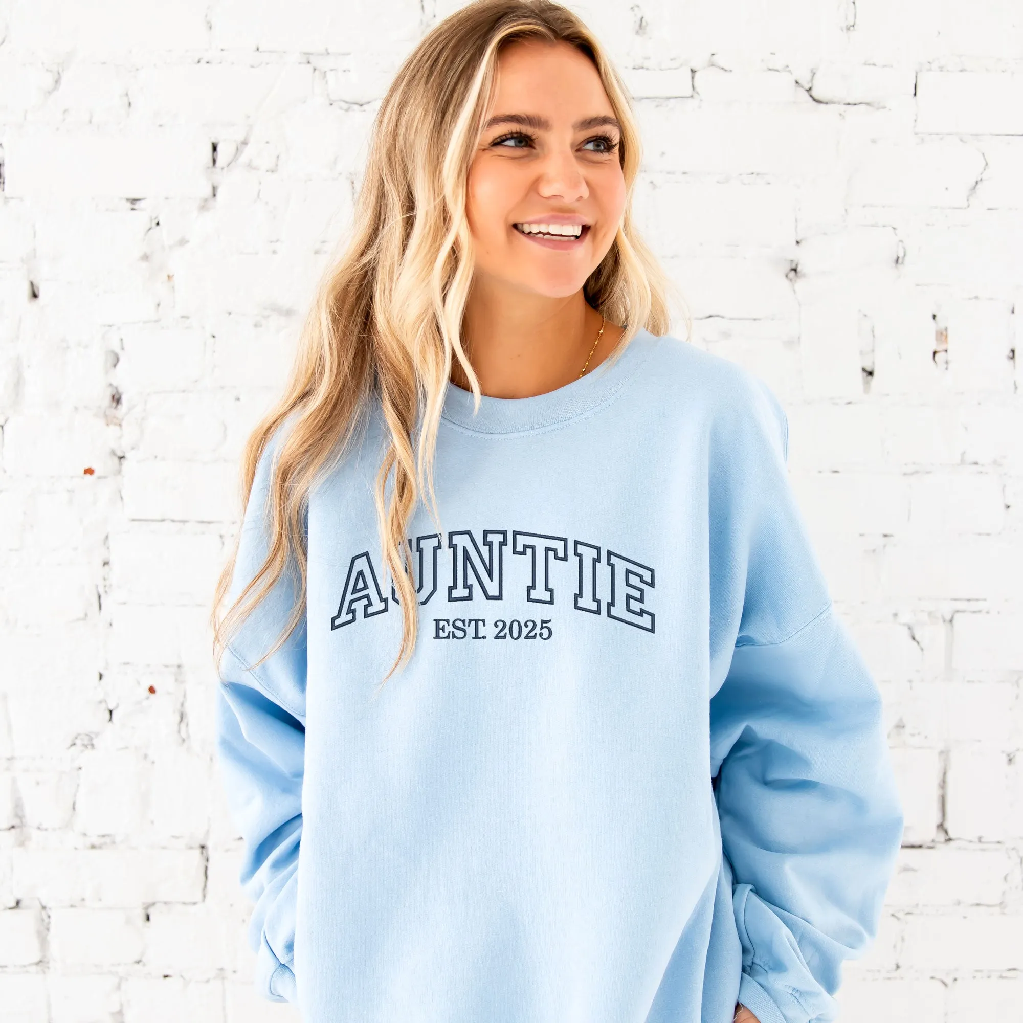 Auntie EST. Year Athletic Block Embroidered Gemma Crewneck Sweatshirt
