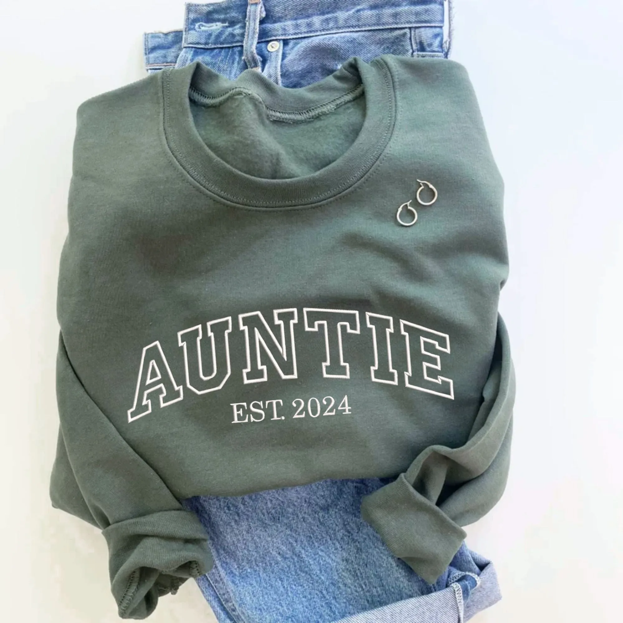Auntie EST. Year Athletic Block Embroidered Gemma Crewneck Sweatshirt