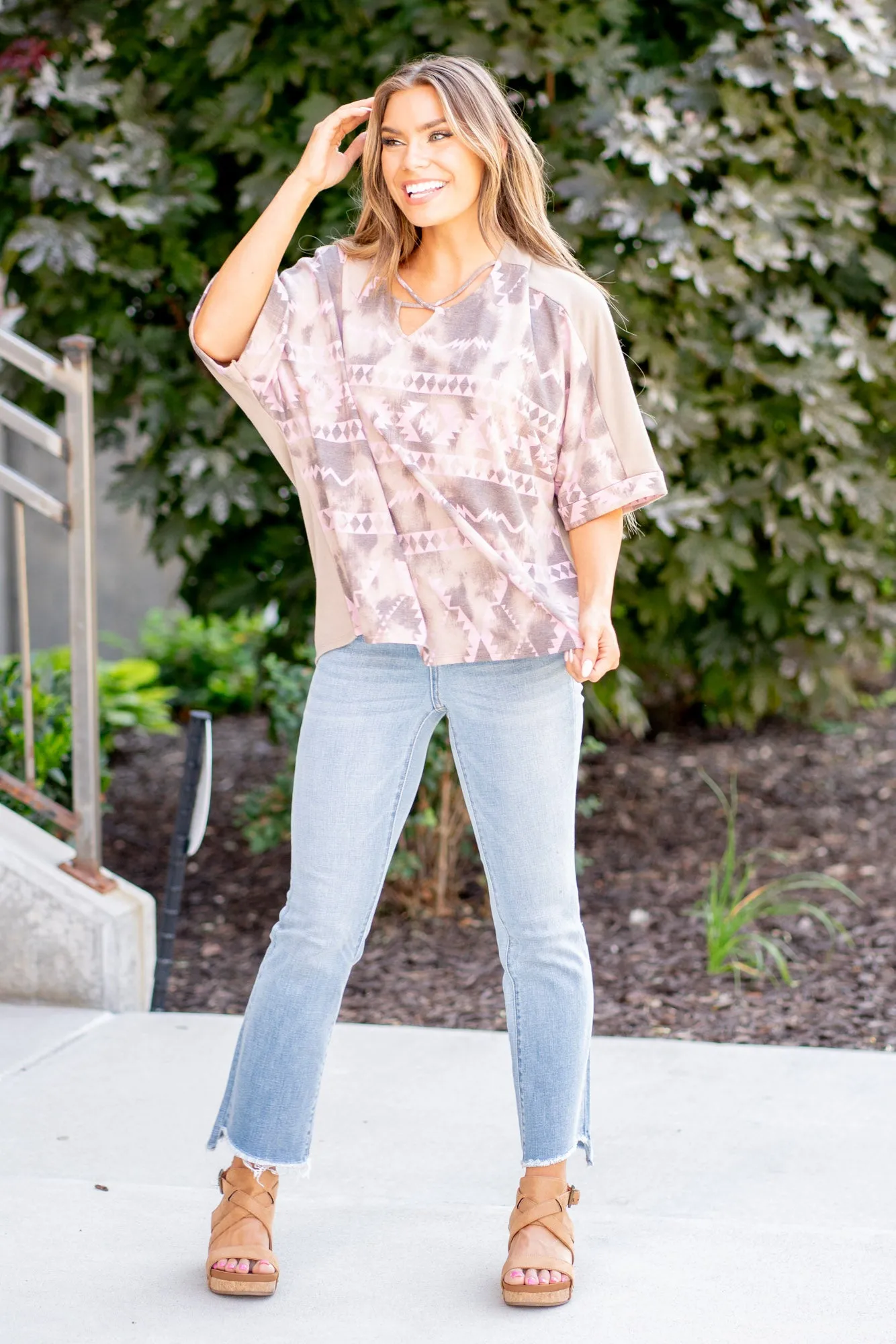 Aztec Distress Print Half Sleeve Crisscross Top Regular & Plus Sizes