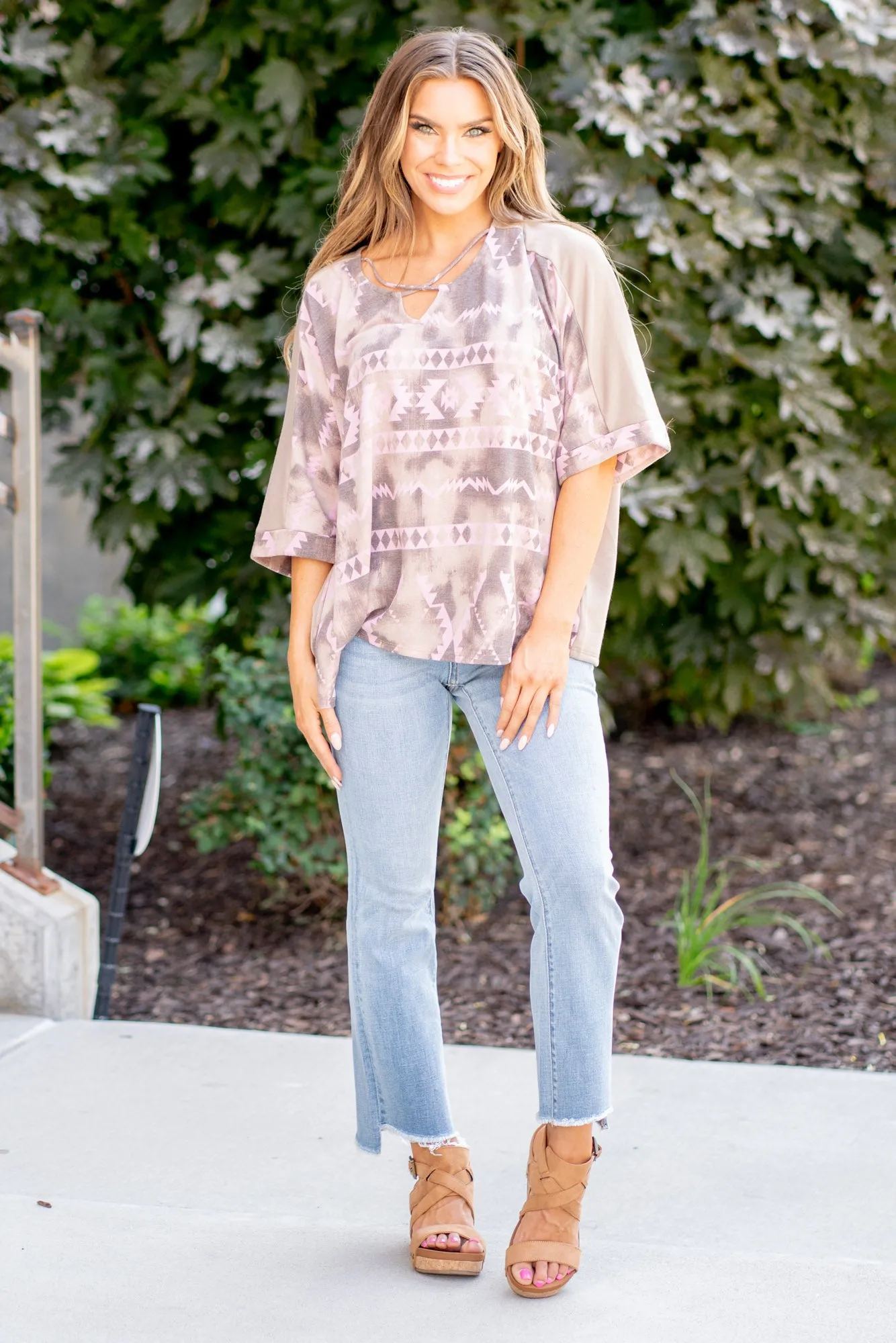Aztec Distress Print Half Sleeve Crisscross Top Regular & Plus Sizes