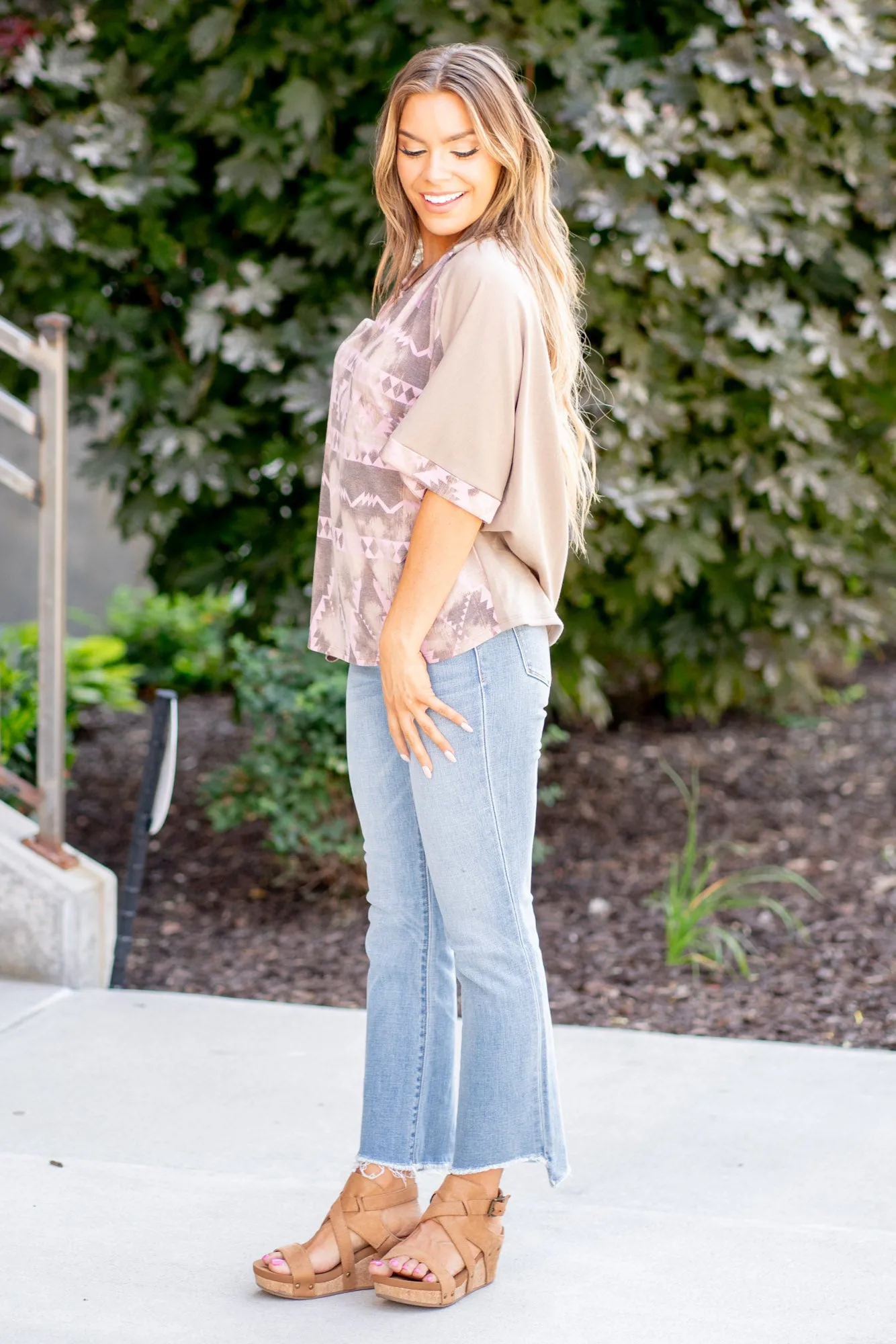 Aztec Distress Print Half Sleeve Crisscross Top Regular & Plus Sizes