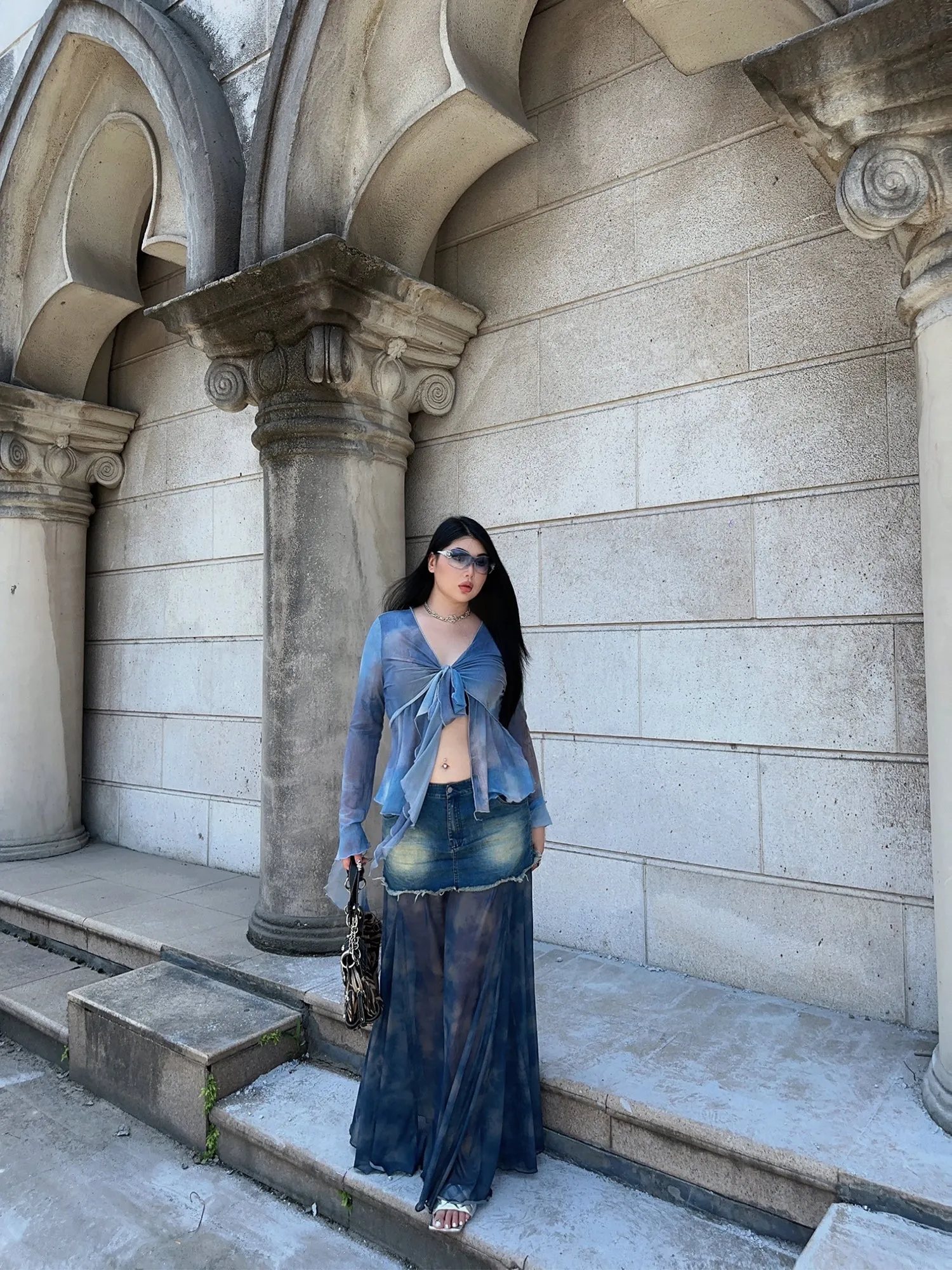 Bella Denim Blue French Vinntage Patchwork Dyed Chiffon Fishtail Long Skirt