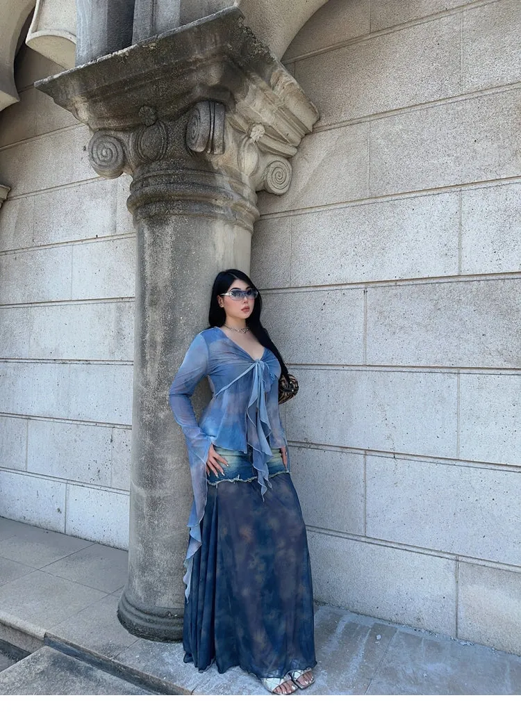 Bella Denim Blue French Vinntage Patchwork Dyed Chiffon Fishtail Long Skirt
