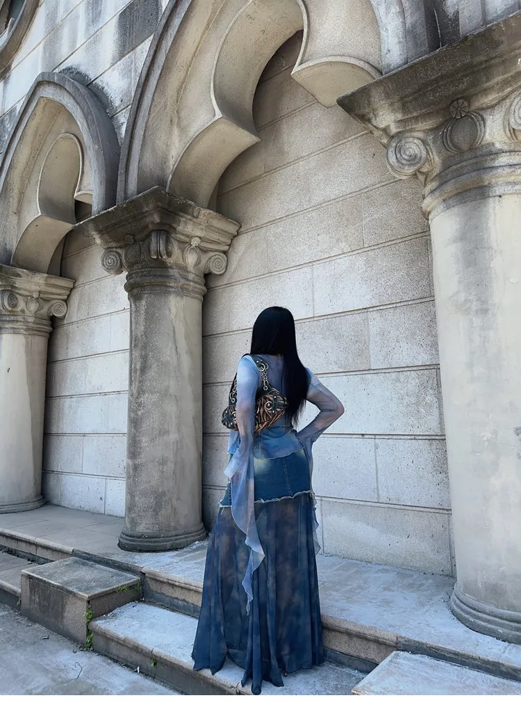 Bella Denim Blue French Vinntage Patchwork Dyed Chiffon Fishtail Long Skirt