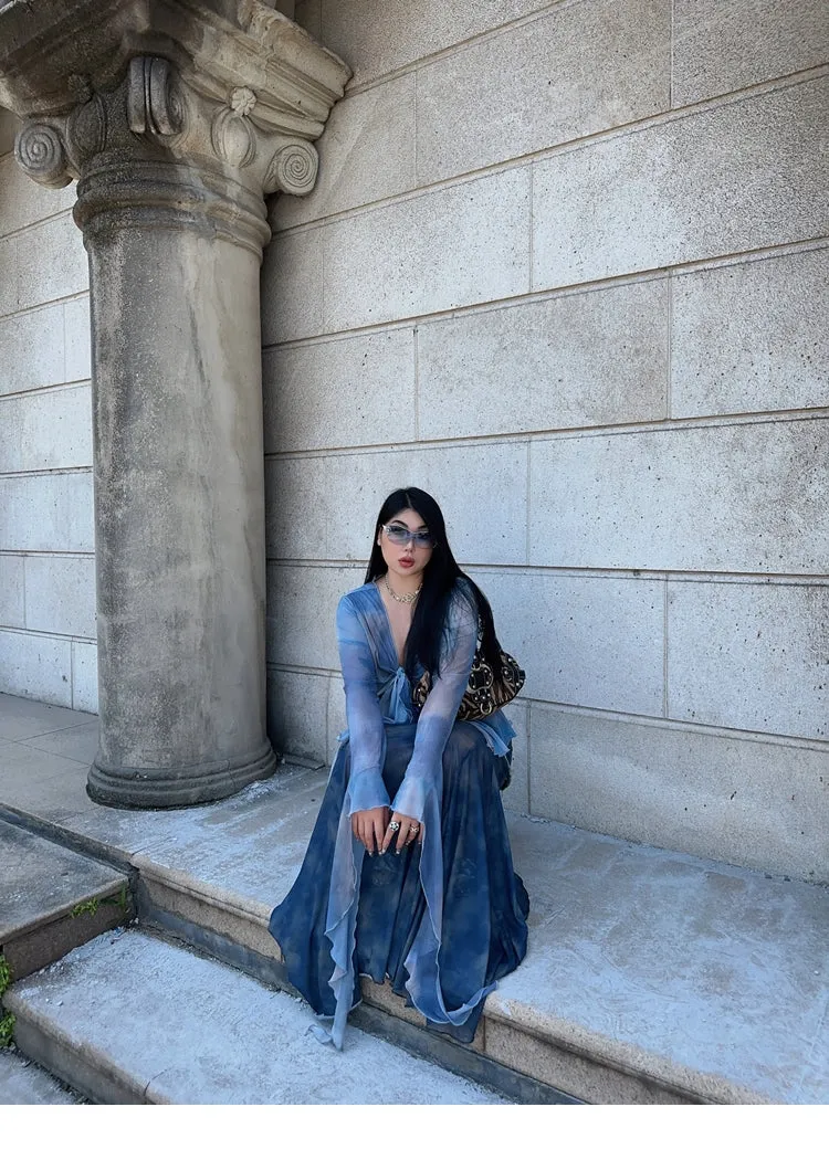 Bella Denim Blue French Vinntage Patchwork Dyed Chiffon Fishtail Long Skirt