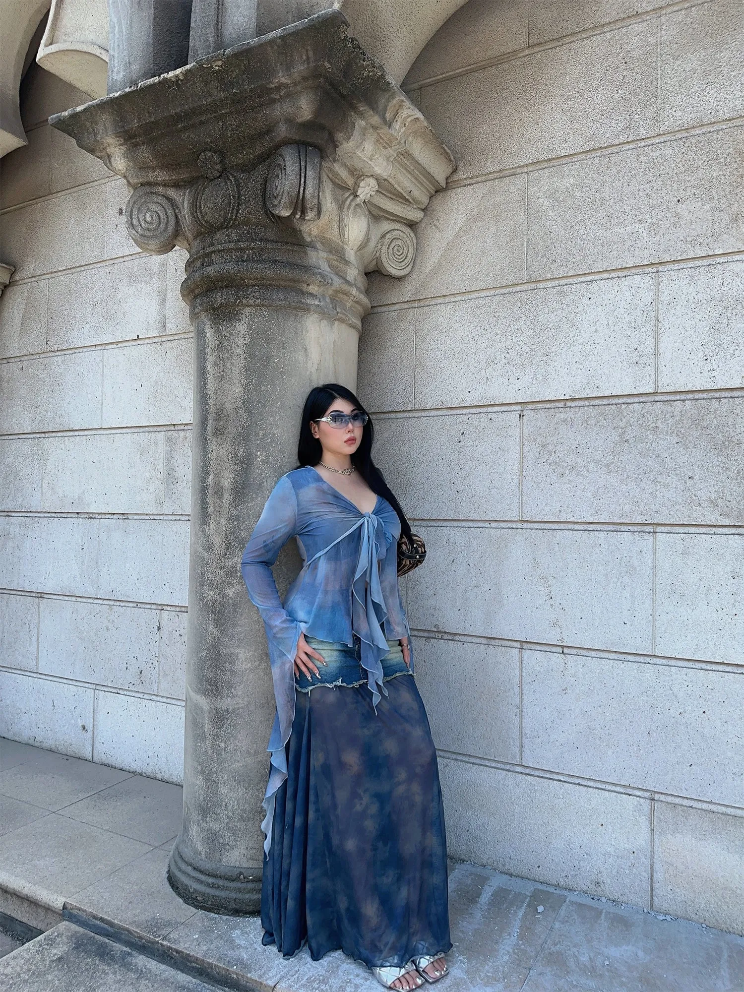 Bella Denim Blue French Vinntage Patchwork Dyed Chiffon Fishtail Long Skirt