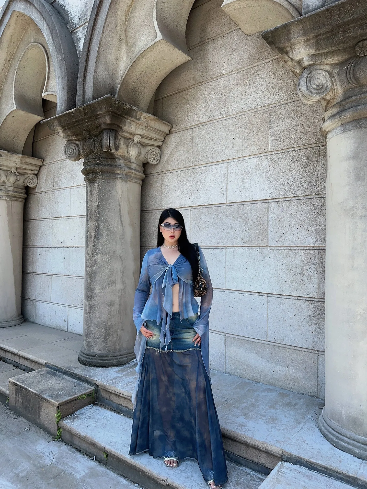 Bella Denim Blue French Vinntage Patchwork Dyed Chiffon Fishtail Long Skirt