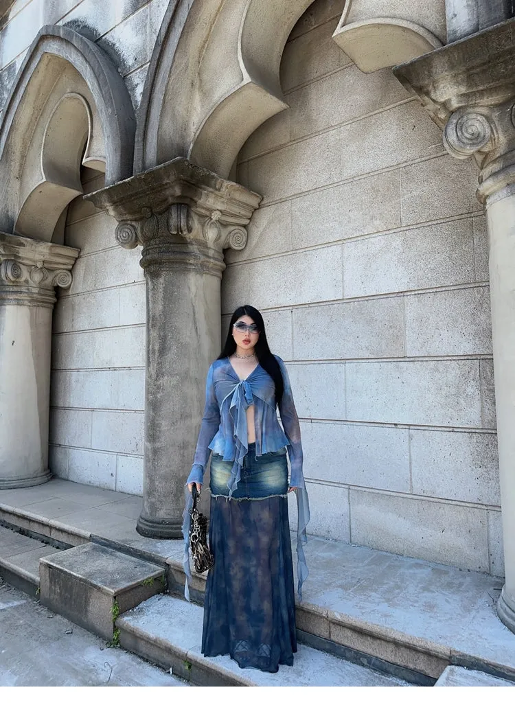Bella Denim Blue French Vinntage Patchwork Dyed Chiffon Fishtail Long Skirt