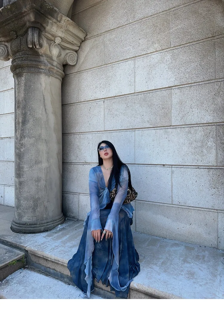 Bella Denim Blue French Vinntage Patchwork Dyed Chiffon Fishtail Long Skirt