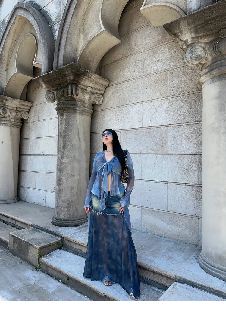 Bella Denim Blue French Vinntage Patchwork Dyed Chiffon Fishtail Long Skirt