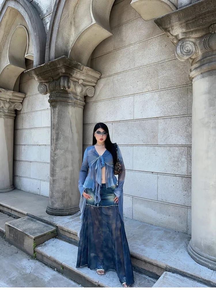 Bella Denim Blue French Vinntage Patchwork Dyed Chiffon Fishtail Long Skirt