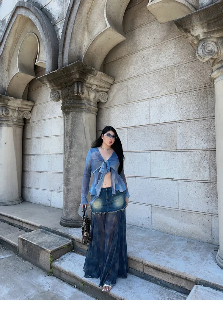 Bella Denim Blue French Vinntage Patchwork Dyed Chiffon Fishtail Long Skirt