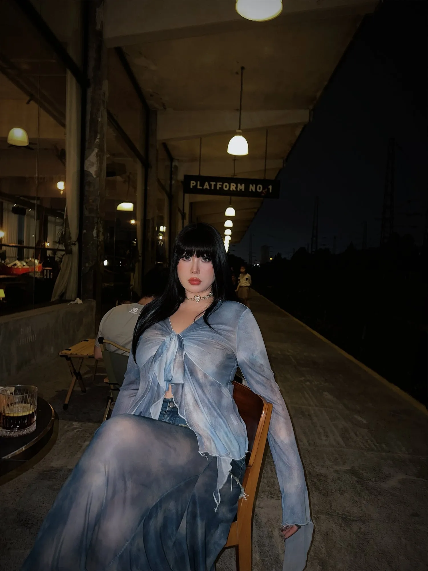 Bella Denim Blue French Vinntage Patchwork Dyed Chiffon Fishtail Long Skirt