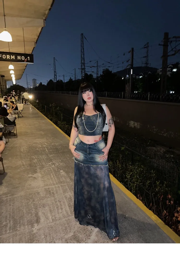 Bella Denim Blue French Vinntage Patchwork Dyed Chiffon Fishtail Long Skirt