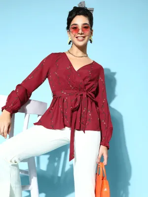 Berrylush Women Maroon & Green Floral Printed V-Neck Waist Tie-Up Crepe Wrap Regular Top
