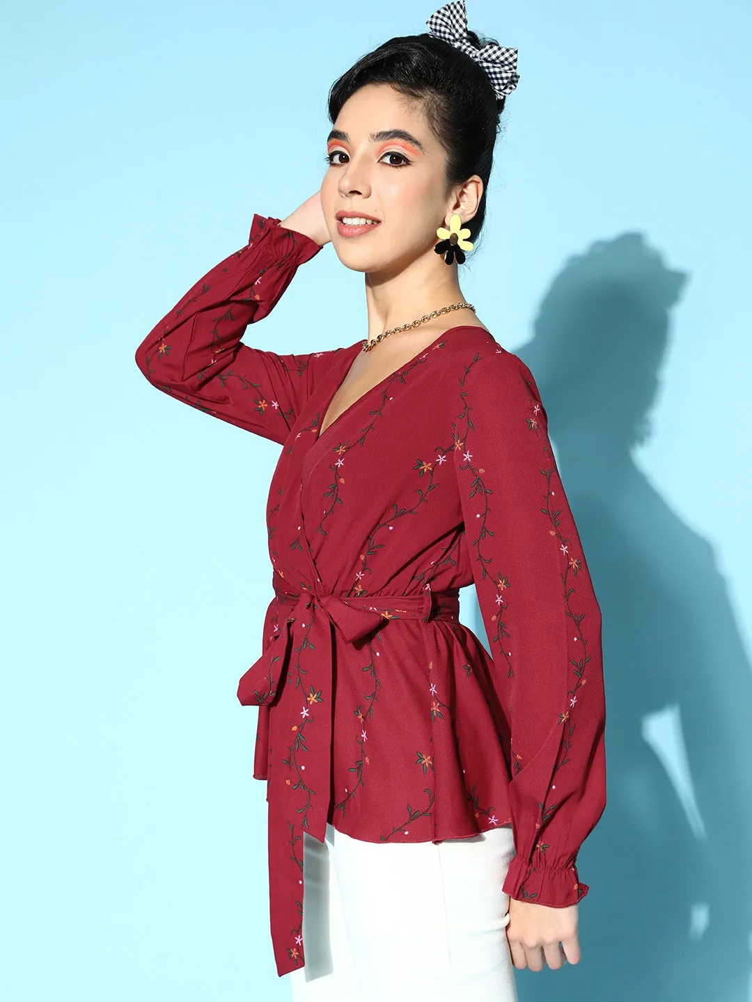 Berrylush Women Maroon & Green Floral Printed V-Neck Waist Tie-Up Crepe Wrap Regular Top