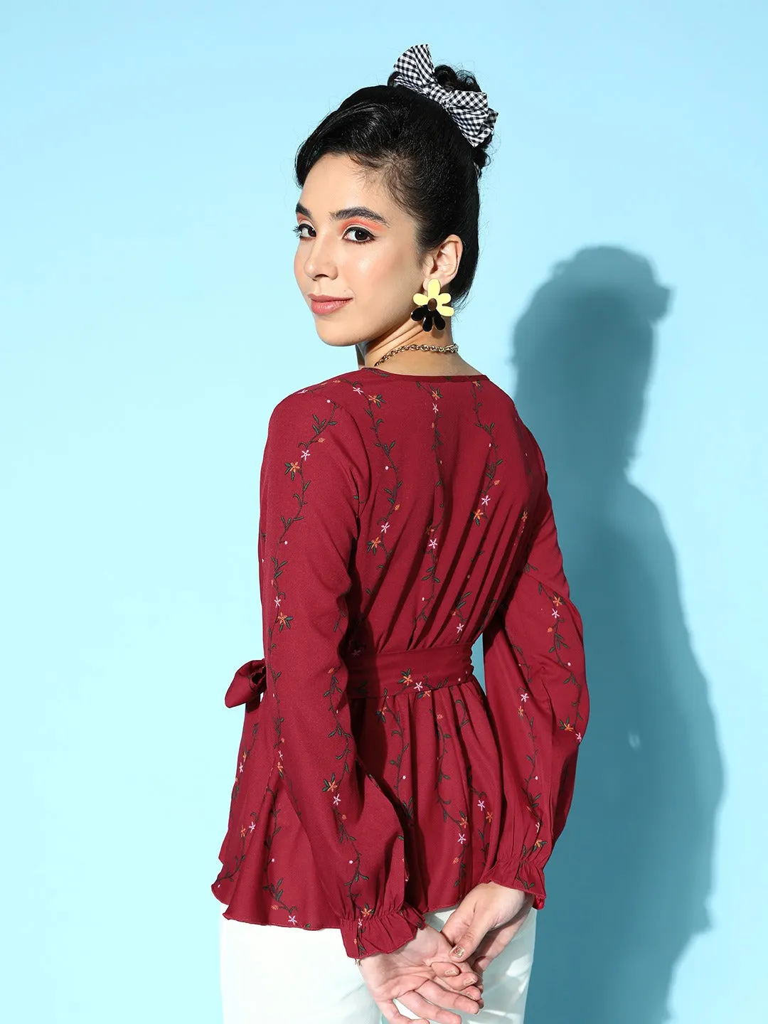 Berrylush Women Maroon & Green Floral Printed V-Neck Waist Tie-Up Crepe Wrap Regular Top