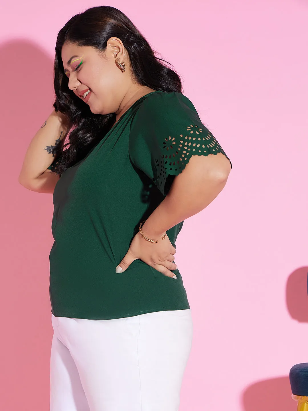 Berrylush Women Plus Size Solid Green V-Neck Cutout Sleeve Crepe Regular Top