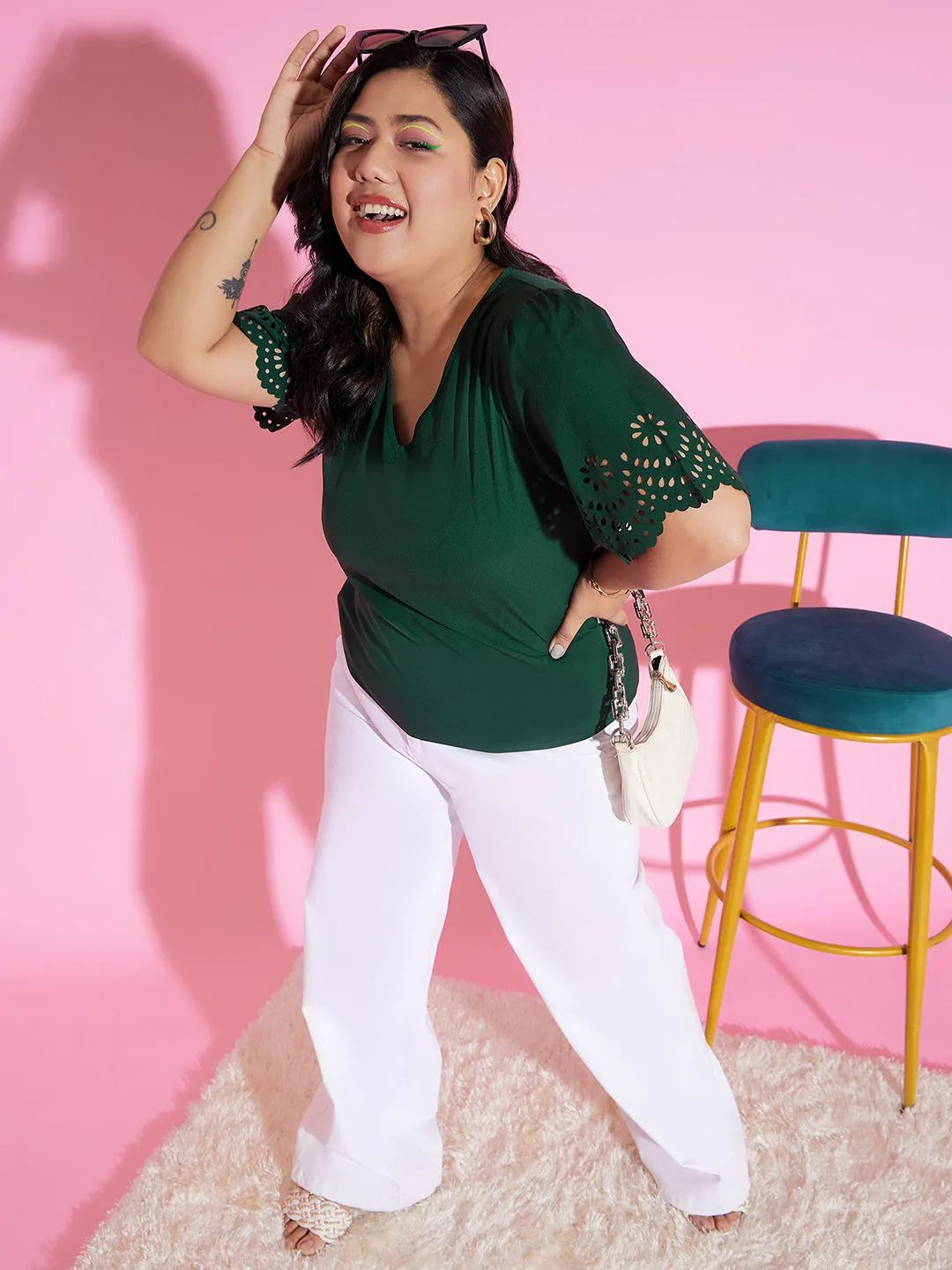 Berrylush Women Plus Size Solid Green V-Neck Cutout Sleeve Crepe Regular Top