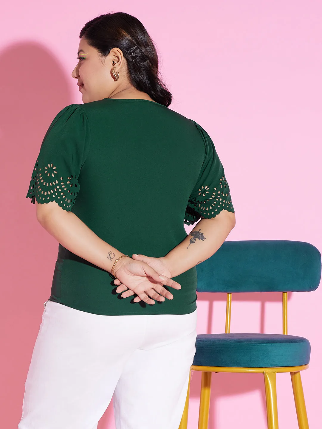 Berrylush Women Plus Size Solid Green V-Neck Cutout Sleeve Crepe Regular Top