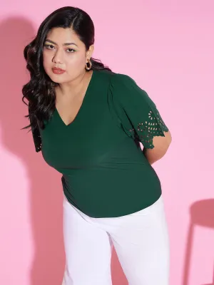 Berrylush Women Plus Size Solid Green V-Neck Cutout Sleeve Crepe Regular Top