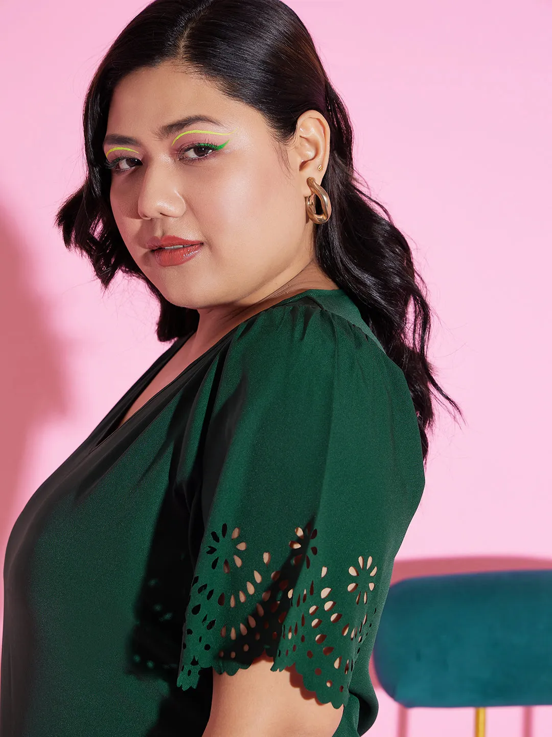 Berrylush Women Plus Size Solid Green V-Neck Cutout Sleeve Crepe Regular Top