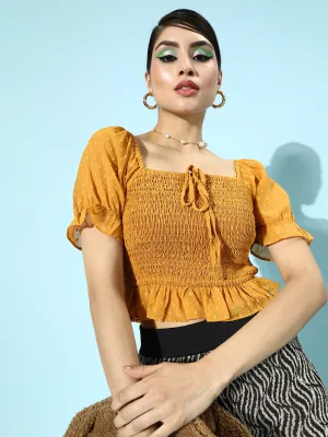 Berrylush Women Solid Mustard Yellow Square Neck Smocked Crepe Crop Top