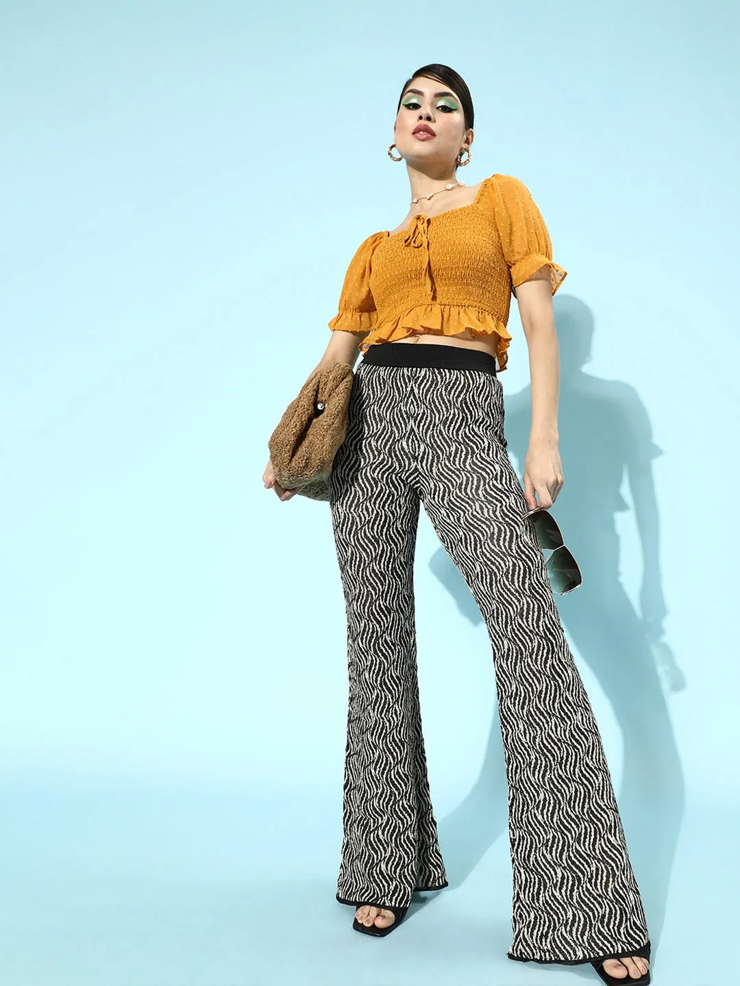 Berrylush Women Solid Mustard Yellow Square Neck Smocked Crepe Crop Top