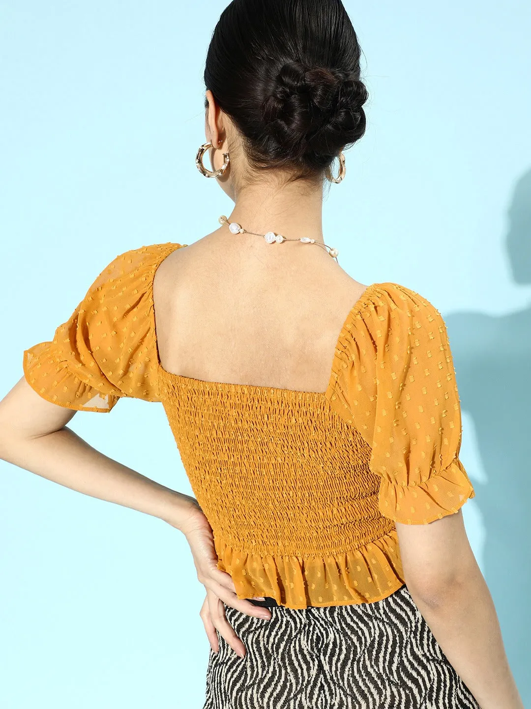 Berrylush Women Solid Mustard Yellow Square Neck Smocked Crepe Crop Top
