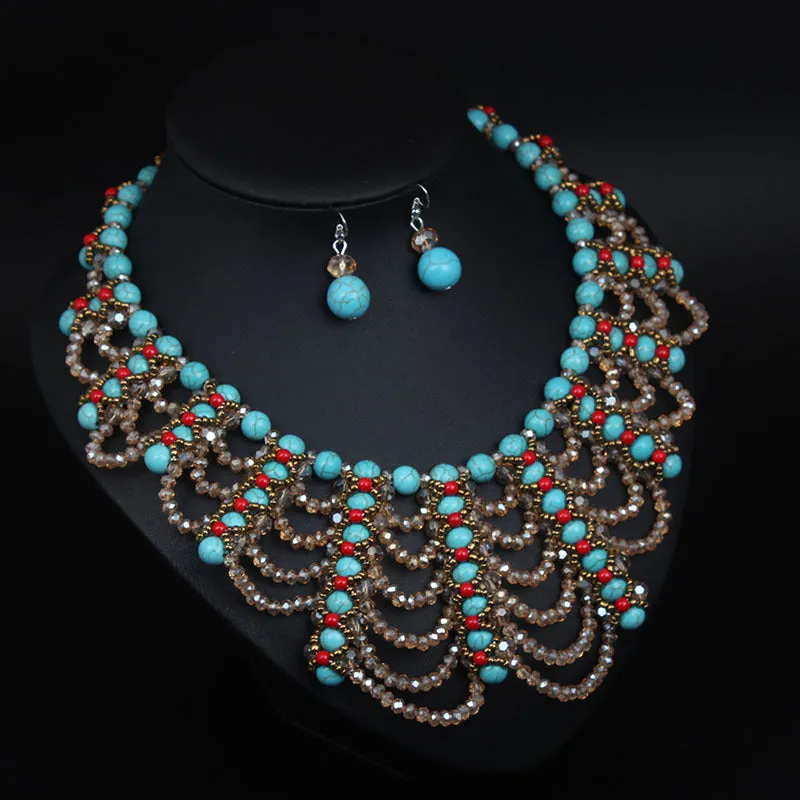 Blue Beads Woven Crystal Jewelry Set Necklace and Earring Fake Collar Retro Women Accessories