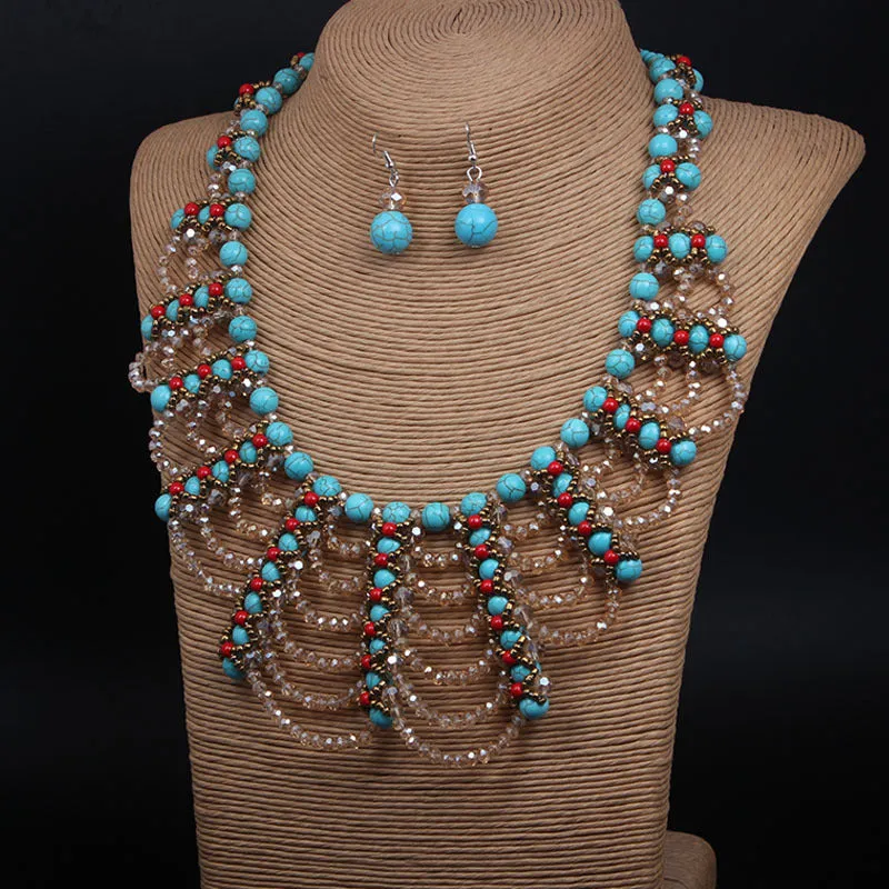 Blue Beads Woven Crystal Jewelry Set Necklace and Earring Fake Collar Retro Women Accessories