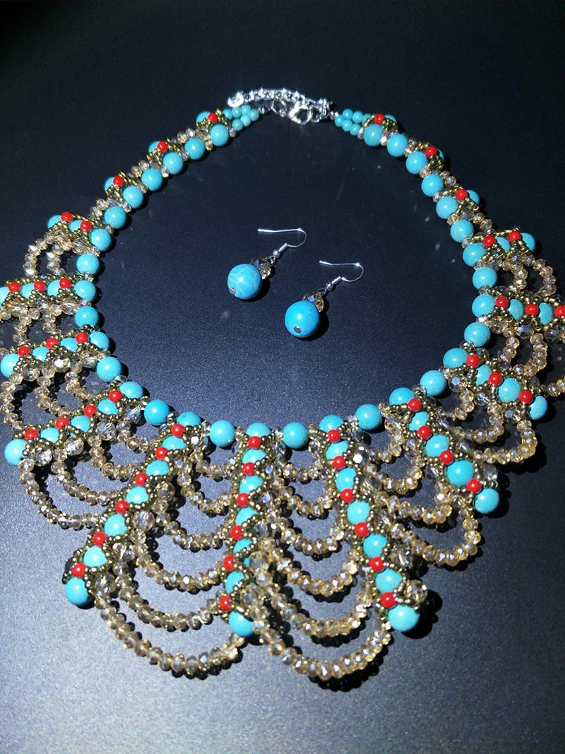 Blue Beads Woven Crystal Jewelry Set Necklace and Earring Fake Collar Retro Women Accessories