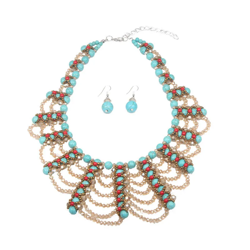Blue Beads Woven Crystal Jewelry Set Necklace and Earring Fake Collar Retro Women Accessories