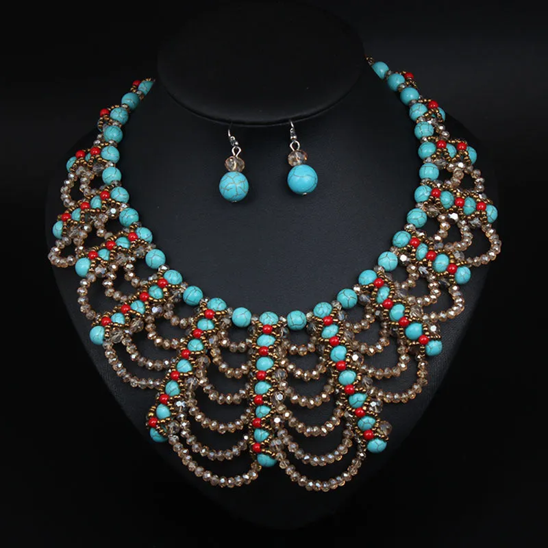 Blue Beads Woven Crystal Jewelry Set Necklace and Earring Fake Collar Retro Women Accessories