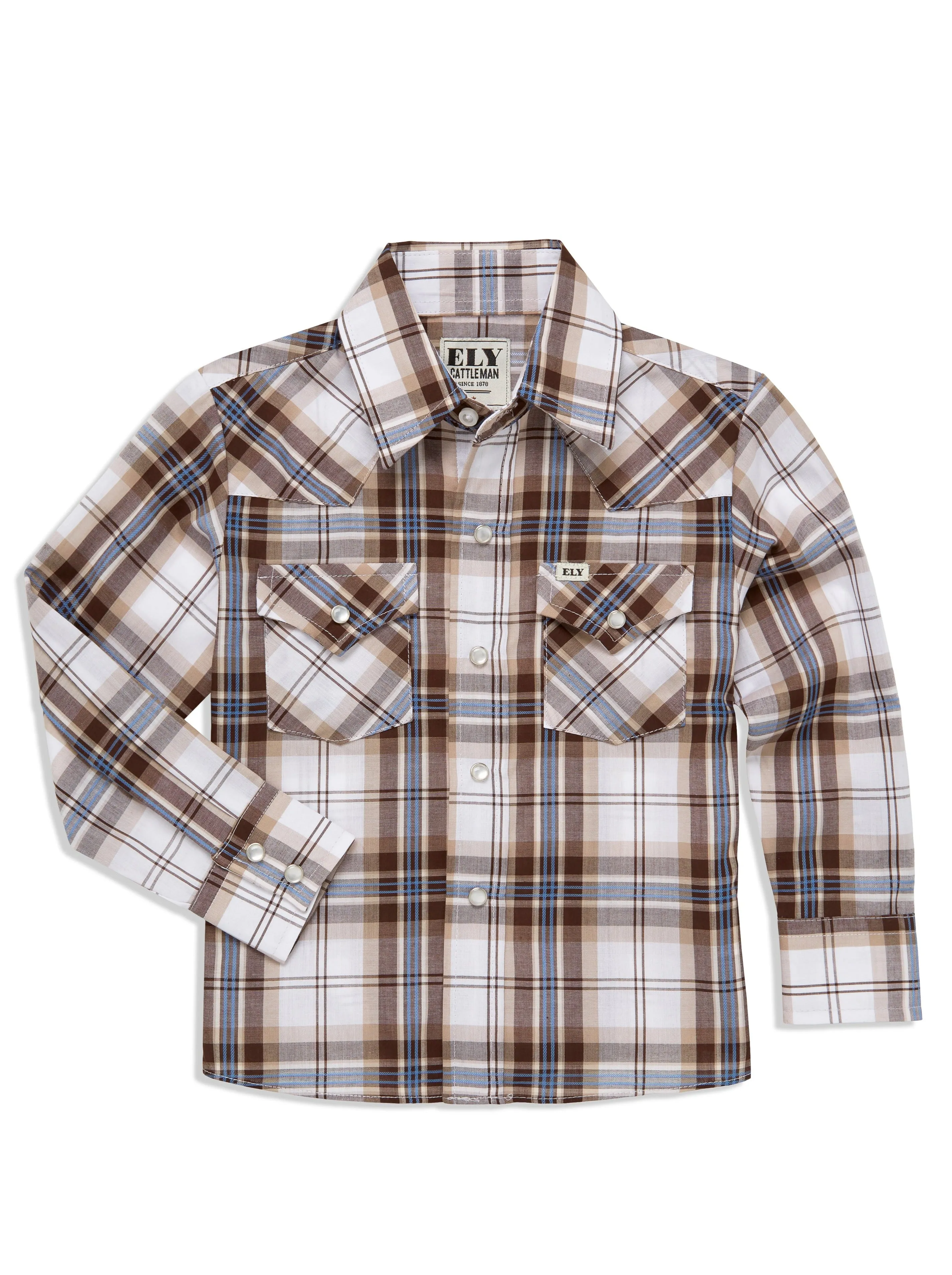 Boy's Ely Cattleman Long Sleeve Textured Plaid Western Snap Shirt- Blue & Brown