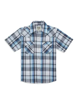 Boy's Ely Cattleman Short Sleeve Plaid Western Snap Shirt - Blue & Brown