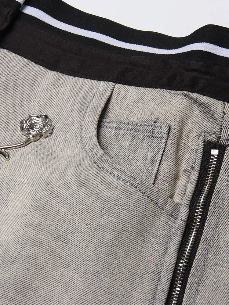 Casual Denim Skirt For Women High Waist Patchwork Zipper Floral Solid Mini Skirts Female Summer Clothing Style