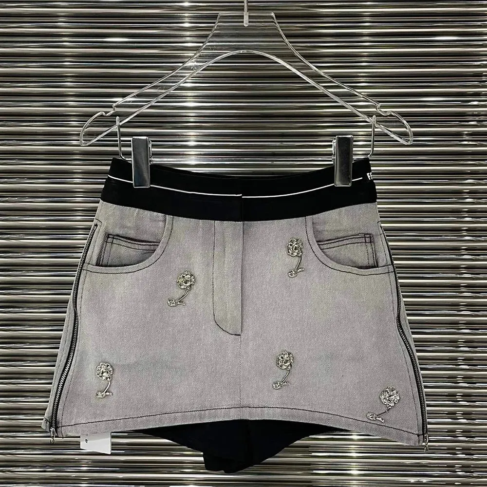 Casual Denim Skirt For Women High Waist Patchwork Zipper Floral Solid Mini Skirts Female Summer Clothing Style
