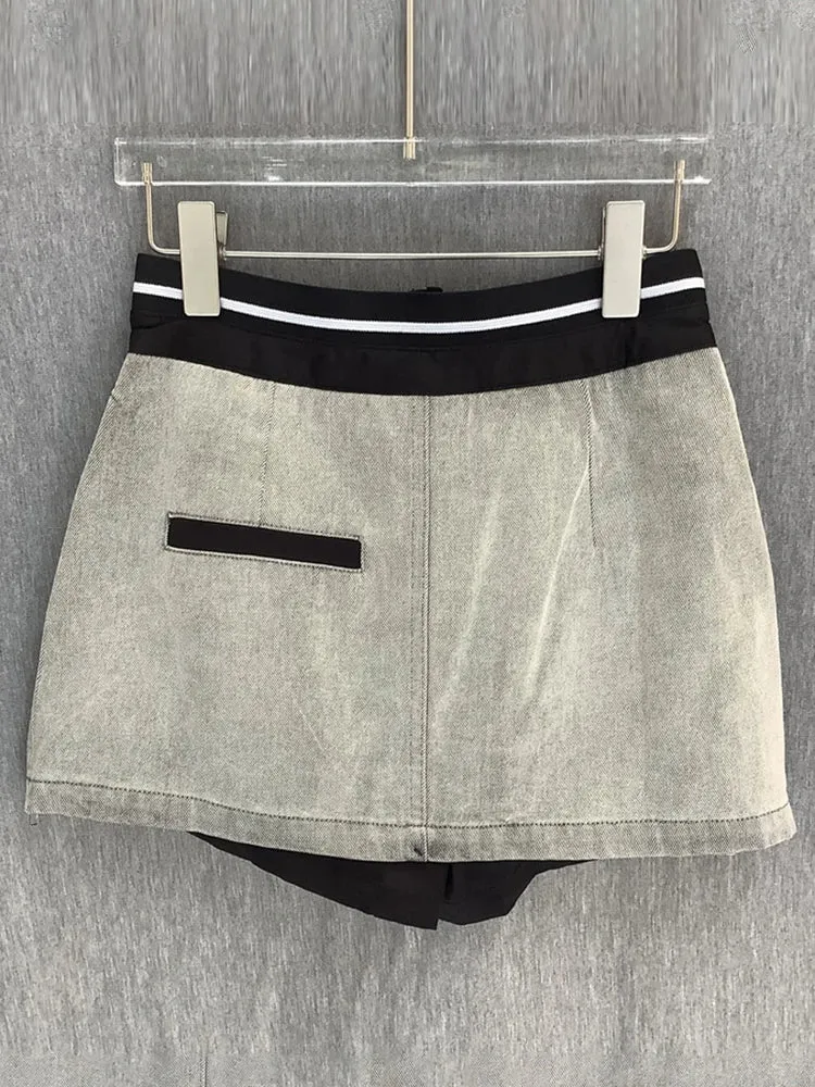 Casual Denim Skirt For Women High Waist Patchwork Zipper Floral Solid Mini Skirts Female Summer Clothing Style