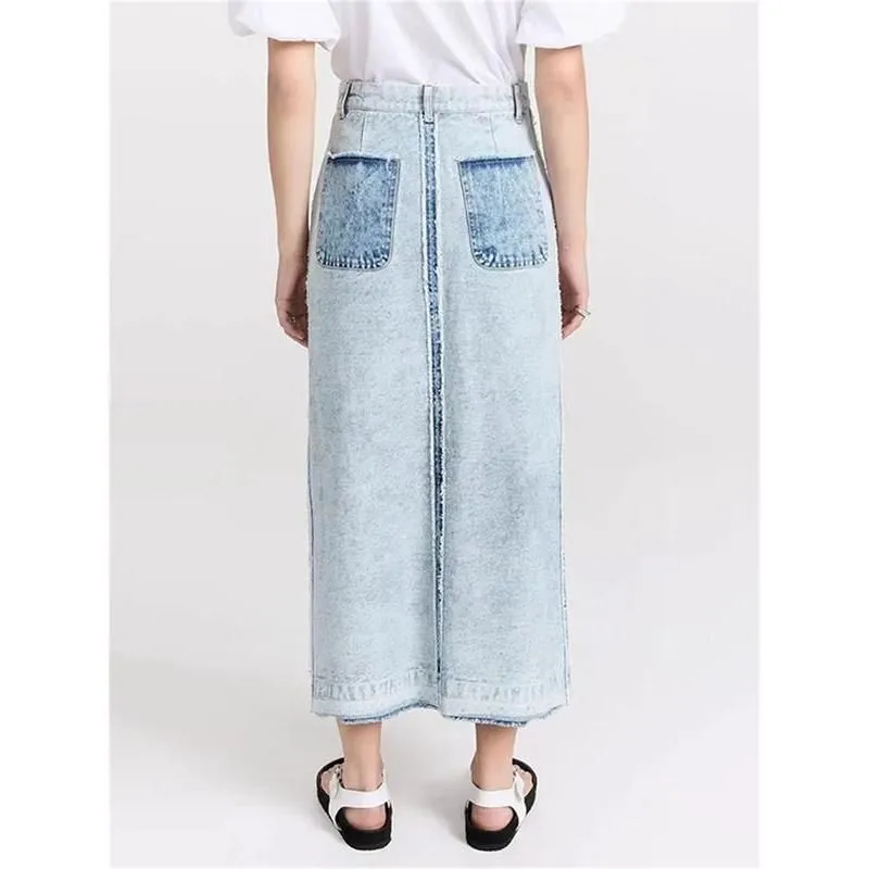 Chic Split Color Patchwork Denim Skirt